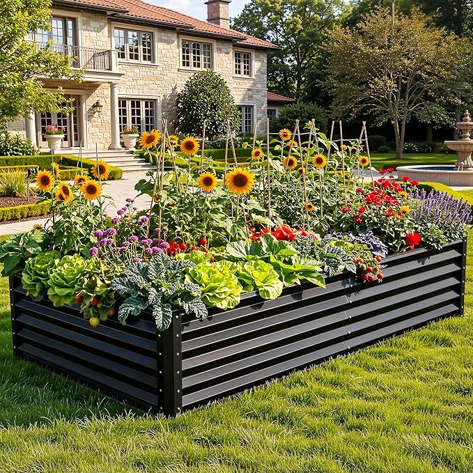 YITAHOME 8x4x1.5ft 2pcs Large Raised Garden Bed Kit, Galvanized Metal Planter Box with Gloves, Ground Nails & Safety Rubber, Outdoor Above Ground Planters for Plants Vegetables Flowers, Black YITAHOME