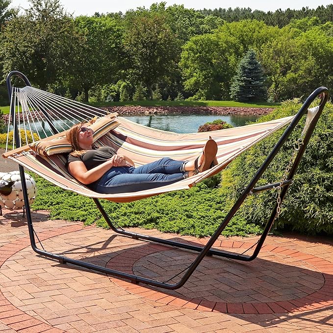 Sunnydaze Quilted Outdoor Hammock with Spreader Bars - Heavy-Duty 450-Pound Capacity Double Hammock for Outside - Sandy Beach SunnydazeDecor