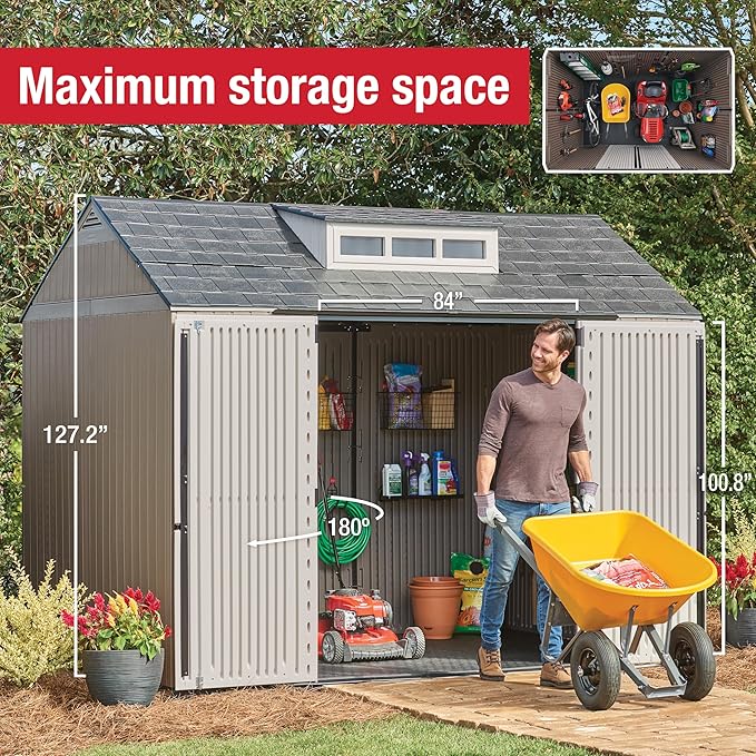 Rubbermaid Extra Large Resin Outdoor Storage Shed With Floor (7 x 10.5 Ft.) Weather Resistant Brown Organization for Home/Lawn Mower/Backyard Equipment/Bike Storage/Pool Supplies Rubbermaid
