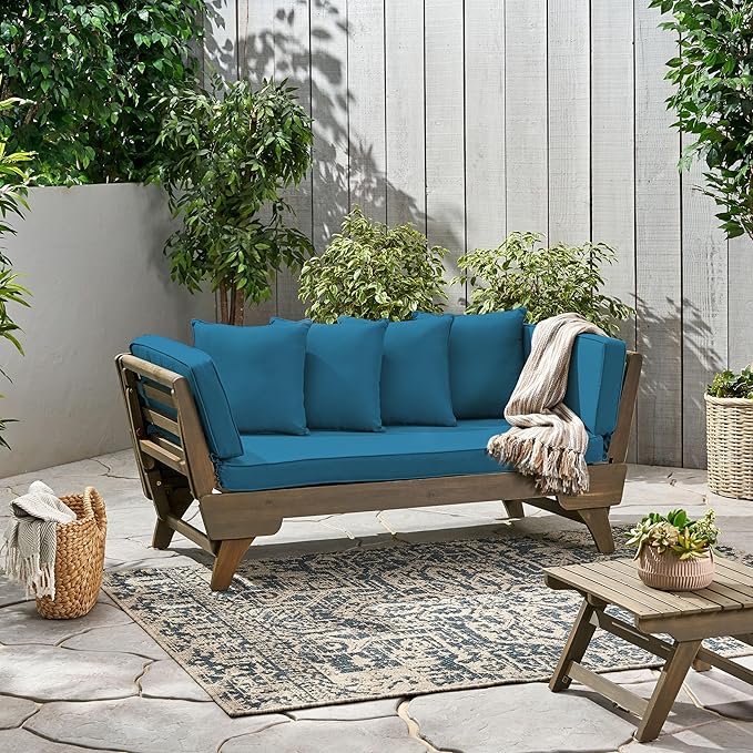 Merax Outdoor Patio Daybed Sofa,3-Seat Sofa with Foldable Arm 4 Back Pillows,Teak Acacia Wood Frame Beige Removable Cushion,Grey+Teal Merax