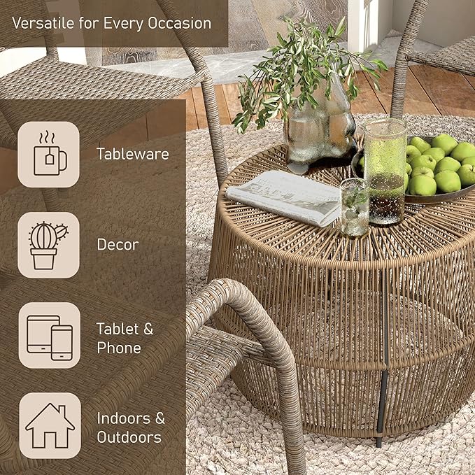 Furniture of America Ysar Boho Rattan Round Coffee Table Outdoor with Metal Frame, All-Weather and Rust Resistant, Handcrafted Coastal Furniture for Patio, Poolside, Garden, Yard, Natural Brown FurnitureofAmerica