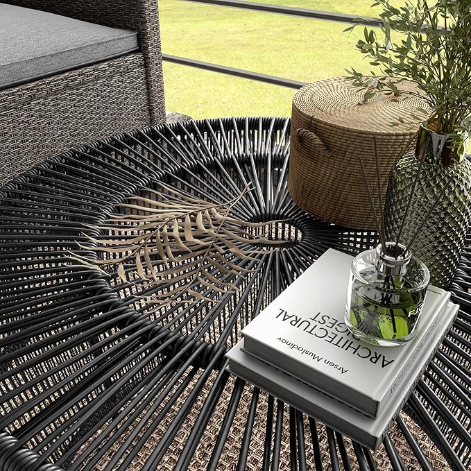 Furniture of America Ysar Boho Rattan Round Coffee Table Outdoor with Metal Frame, All-Weather and Rust Resistant, Handcrafted Coastal Furniture for Patio, Poolside, Garden, Yard, Black FurnitureofAmerica