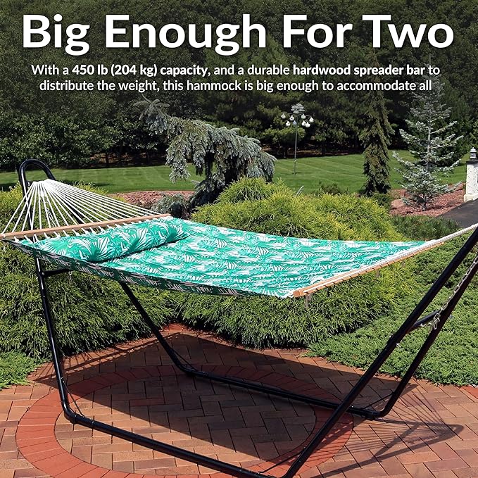 Sunnydaze Quilted Outdoor Hammock with Spreader Bars - Heavy-Duty 450-Pound Capacity Double Hammock for Outside - Green Palm Leaves SunnydazeDecor