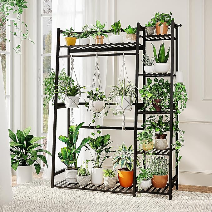 Bamworld Plant Shelf Indoor 55" Tall Bamboo Plant Shelves 5 Tier Hanging Plant Stand Large Ladder Shelf Flower Stand Plant Holder Plant Rack for Garden Balcony Home Decor Living Room Bedroom Black Bamworld