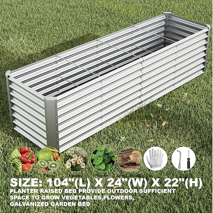 8x2x2ft Raised Garden Bed Kit, Galvanized Planter Garden Boxes Outdoor, Metal Raised Garden Beds for Vegetables,Fruits, Flower,Silver kingddeergardenbed