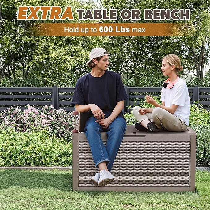 Outdoor Storage Box, Resin Deck Boxes Indoor and outdoor, Waterproof Storage Box Lockable Lid (Grey, 110 Gallon) NBYSGO