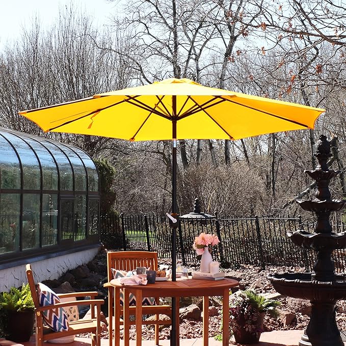 Sunnydaze Outdoor Patio Umbrella - Polyester Table Market Umbrella with Push-Button Tilt and Crank - 8 Sturdy Ribs - Gold - 9ft SunnydazeDecor