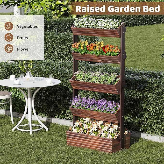 FILWH Wooden Raised Garden Bed Vertical Planter Box, Freestanding Plant Stand for Indoor Outdoor Plants, Herbs, Flowers, Vegetables, Gardening (Carbonized, 5-Tier，29.9 x 17.9 x 68in) FILWH