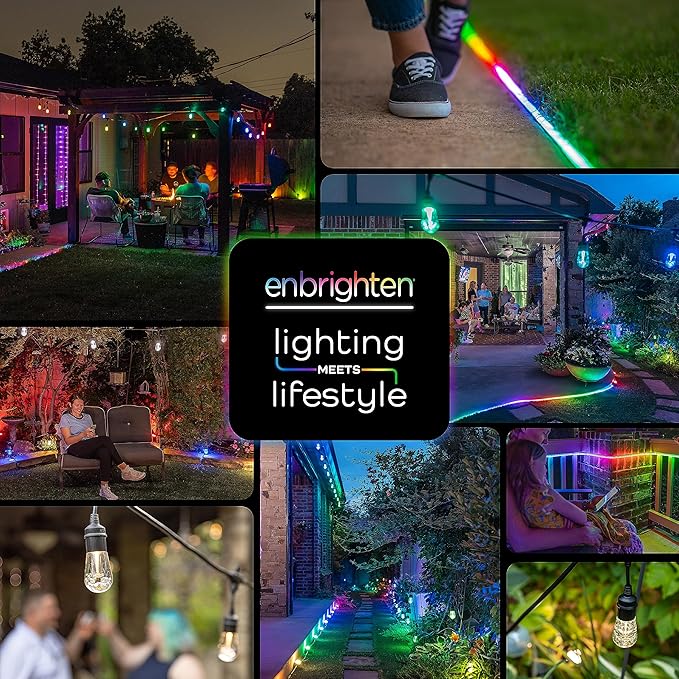 Enbrighten Vintage Outdoor String Lights, 24ft, 12 RGB Acrylic Bulbs, Weatherproof, RF Remote Control, Perfect for Holidays, Gameday, Parties, and More, 37791 Enbrighten