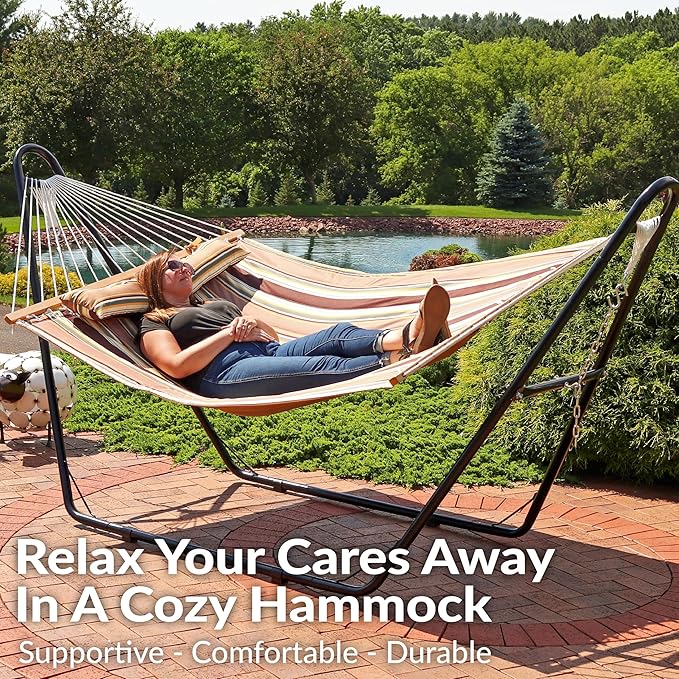 Sunnydaze Quilted Outdoor Hammock with Spreader Bars - Heavy-Duty 450-Pound Capacity Double Hammock for Outside - Sandy Beach SunnydazeDecor