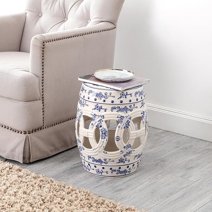 JONATHAN Y TBL1027A Lucky Coins 16" Chinese Ceramic Drum Indoor/Outdoor Garden Stool Bohemian, Coastal, Classic, Cottage, French Country, Patio, Garden Room, Bathroom, Living Room, Blue/White JONATHANY