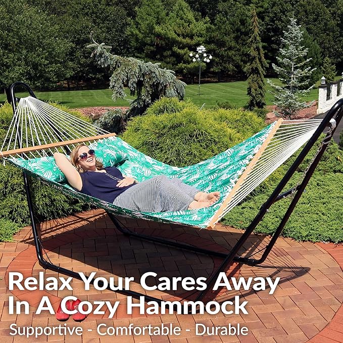 Sunnydaze Quilted Outdoor Hammock with Spreader Bars - Heavy-Duty 450-Pound Capacity Double Hammock for Outside - Green Palm Leaves SunnydazeDecor