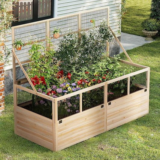 AMERLIFE Raised Garden Bed with Hinged Fencing and Trellis, 18 Inch Deepened Wood Planter Box, 2 PCS Flip-up Front Panel, Easy Assembly, Ideal for Seed Starting and Growing Vegetables & Fruits AMERLIFE