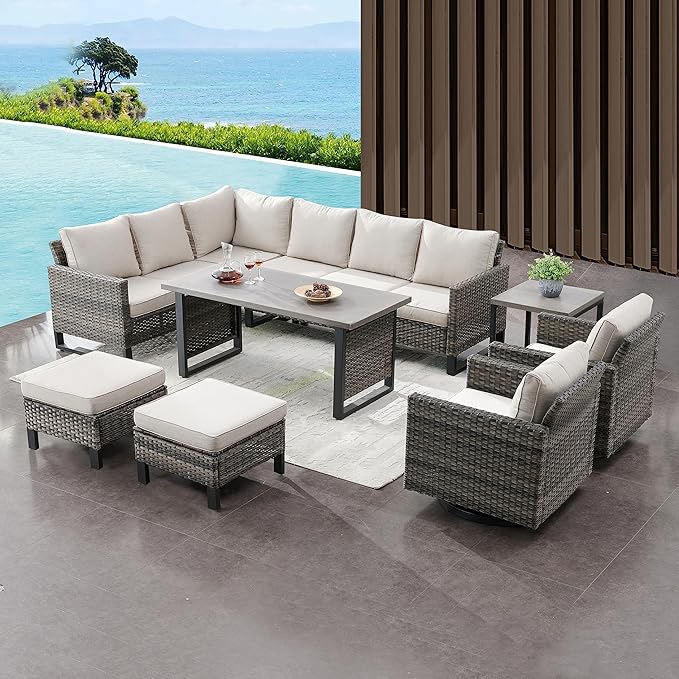 Belord Outdoor Sectional Sofa 6 Seater L Shaped Couch Wicker Patio Conversation Furniture Set Rattan Outdoor Furniture with Removable Washable Cushion Beige Belord