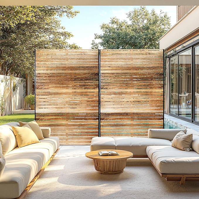 FENCY Metal Privacy Screen 72" H×47" W Natural Wood Color Outdoor Privacy Screen, Freestanding Decorative Privacy Fence Panels for Deck Balcony Patio FENCY