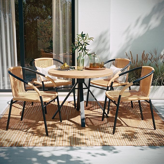 Flash Furniture Lila 4 Pack Beige Rattan Indoor-Outdoor Restaurant Stack Chair | Versatile and Stylish Seating FlashFurniture