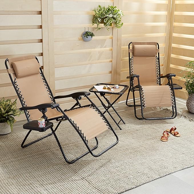 Amazon Basics Outdoor Textilene Adjustable Zero Gravity Folding Reclining Lounge Chair Set with Cup Holder, Side Table, Headrest, Weather-Resistant, 35 x 26 x 43 inches, Beige, 2-Pack AmazonBasics