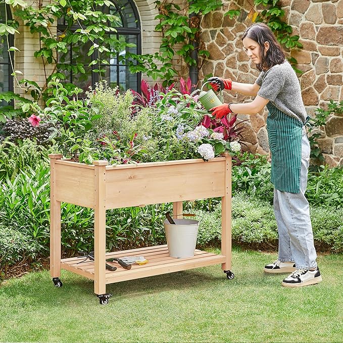 Yaheetech 42x23x33in Wooden Raised Garden Bed with Wheels Horticulture Flower Planter Boxes Elevated Vegetables Growing Bed for Grow Herbs and Vegetables, 2 PCS Yaheetech