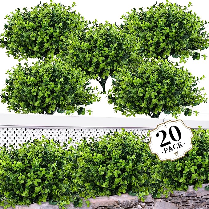20 Bundles Artificial Greenery Boxwood Plants, Fake Plant for Garden Porch, Window Box, Home Wedding, Farmhouse, and Indoor Outdoor Decoration ColoPlay
