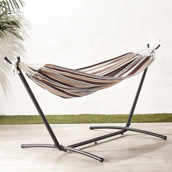 Amazon Basics Double Hammock with 9-Foot Space Saving Steel Stand and Carrying Case, 2 Person, 450 lb Capacity, Cream Wave, 110" x 47" x 43" AmazonBasics