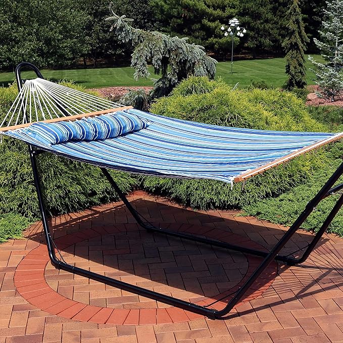 Sunnydaze Quilted Outdoor Hammock with Spreader Bars - Heavy-Duty 450-Pound Capacity Double Hammock for Outside - Breakwater Stripe SunnydazeDecor