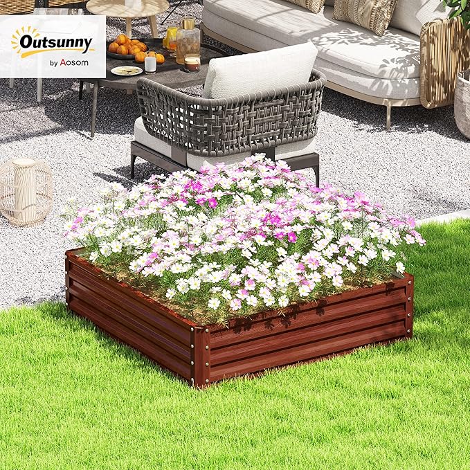 Outsunny Galvanized Raised Garden Bed, 4' x 4' x 1' Metal Planter Box, for Growing Vegetables, Flowers, Herbs, Succulents, Natural Wood Outsunny