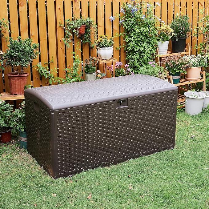 Amazon Basics Outdoor Storage Deck Box, Lockable, Weather-Resistant, 99 Gallon, Brown, for Patio Cushions, Gardening Tools, Pool Accessories AmazonBasics