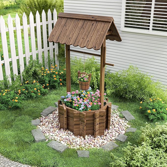 UDPATIO Wishing Wells for Outside, Wooden Wishing Well Planter for Yard, Upgrade Wishing Well with 4 Reinforced Rod & Hanging Bucket for Garden Patio Lawn Backyard Home Decor UDPATIO