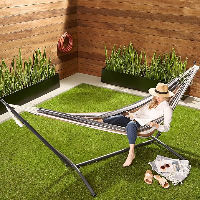 Amazon Basics Double Portable Hammock with Space Saving Steel Stand and Carrying Case, 2 Person, 470lb Capacity, Multi Color, 118" x 46" x 39" AmazonBasics